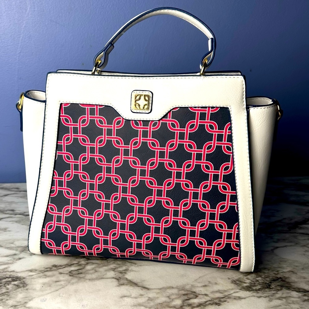 Charming Charlies Navy, Red, and White Handbag with Gold Accents